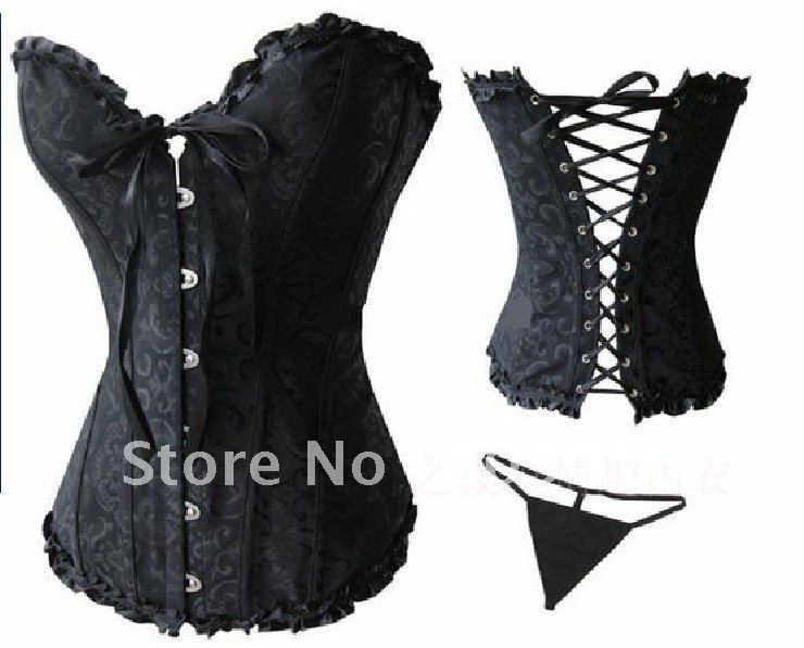 4 Colors Lady's Sexy Boned Lace Corset Bustier Costume Under Bust Lingerie In Satin + G-string Black