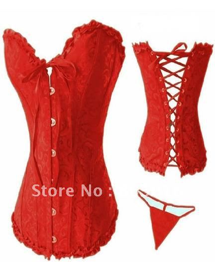 4 Colors Lady's Sexy Boned Lace Corset Bustier Costume Under Bust Lingerie In Satin + G-string Red