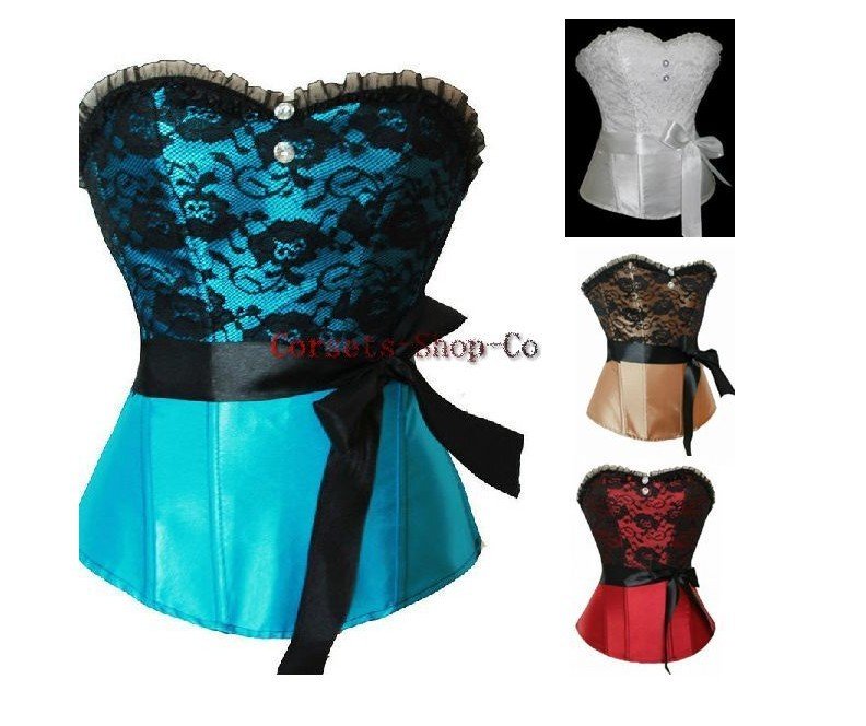 4 colors! Sexy Elegant Lace Overlay Satin Corset Bustier Lingerie TOP S-2XL