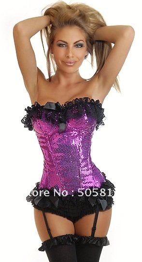 4 colors Sexy overbust lace shaper with G-string Ladies sequin bustier corset lingerie Bow knot Green red silver purple CJ873