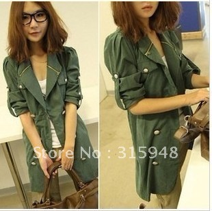 4001 women's military metal zipper slim double breasted trench thin outerwear green trench