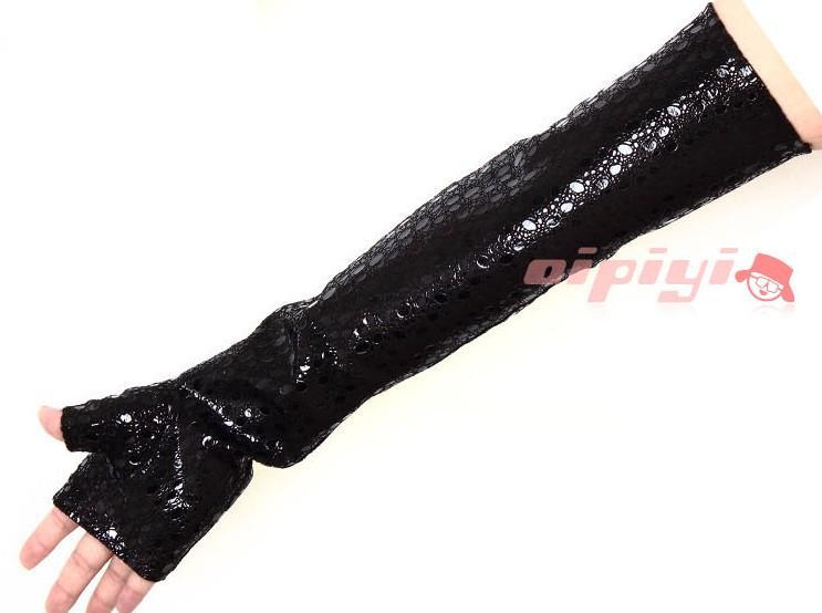 40cm Crocodile pattern genuine leather black fingerless gloves wholesale mittens