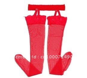 428 Lady Sexy Fishnet Lace Top Thigh-Highs Velvet Stockings Hosiery with Slings (RED)