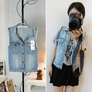 45 female universal personality distrressed wool turn-down collar denim vest