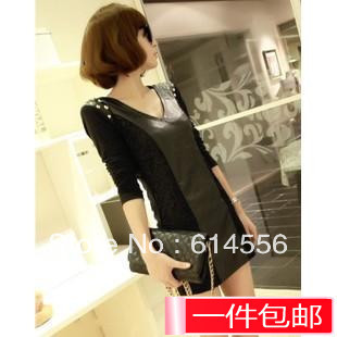 453 fashion slim punk lace patchwork rivet long-sleeve leather one-piece dress