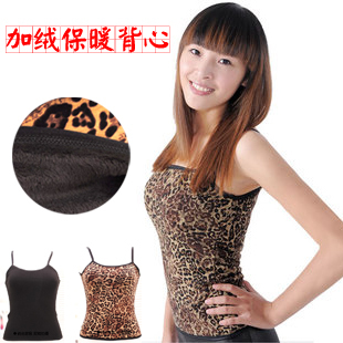 48 women's slim thermal vest plus velvet thickening leopard print solid color thermal underwear spaghetti strap