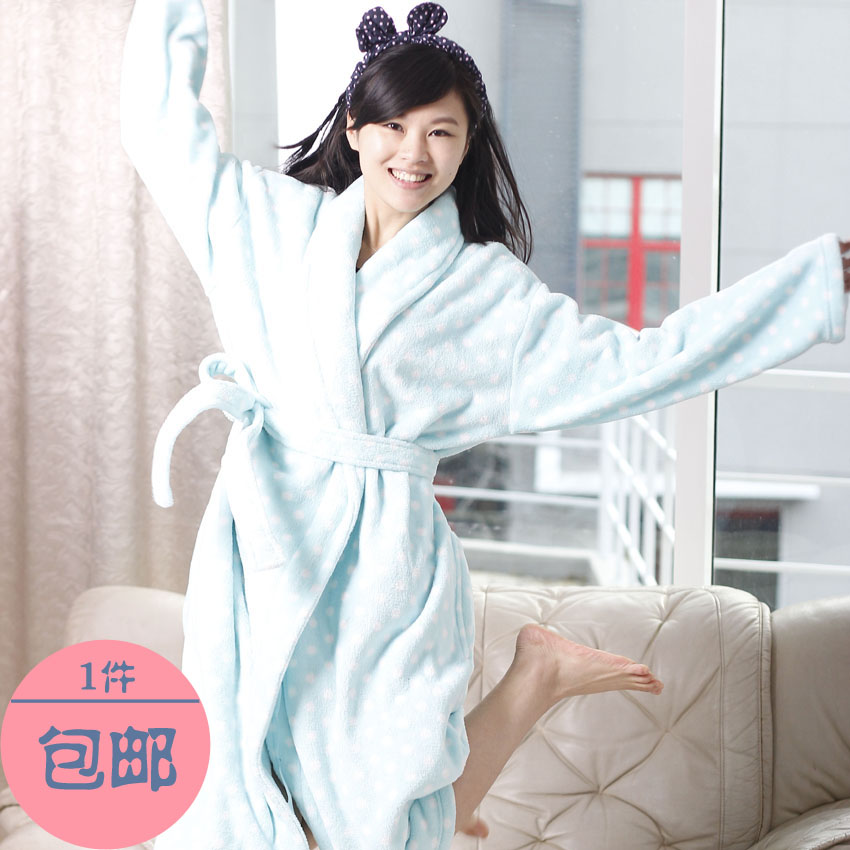 49 light blue polka dot thickening coral fleece spring and autumn long design women's robe sleepwear