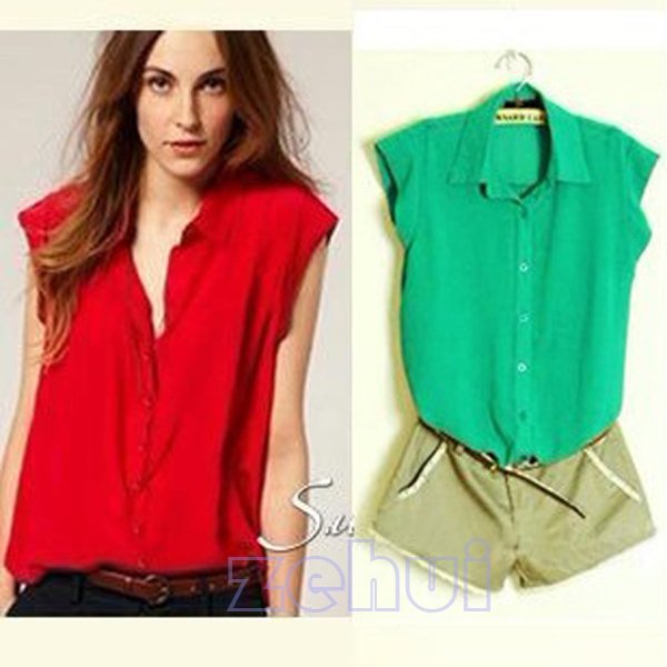 4Colors*Free Shipping Women's Collared Button Turned Sleeves T-Shirts Georgette Blouse Tops HR291