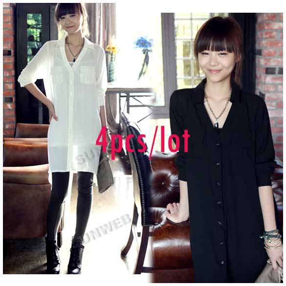 4pcs/lot 2013 Casual Korea Women's V-neck Irregular Lower Hem Long Sleeve Chiffon Blouse Top Black, White Free shipping 9358