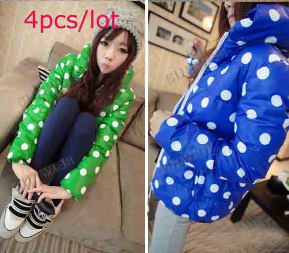 4Pcs/lot 2013 Korea Women's Polka Dot Stand Collar Warm Cotton down Coat winter cotton-padded jacket Free shipping 9342