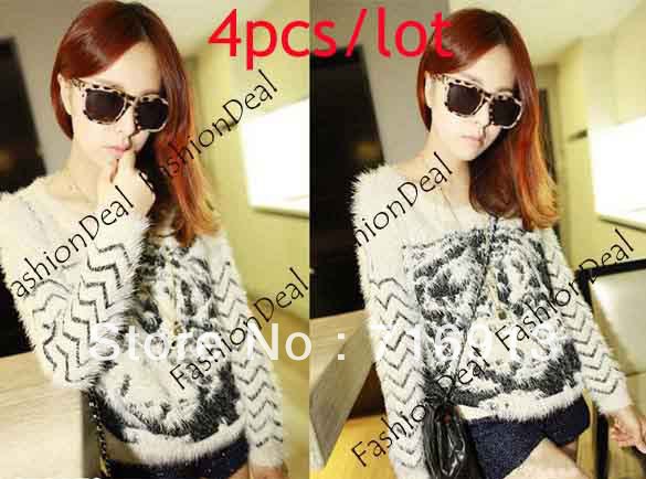 4pcs/lot 2013 New Fashion Women's Sweet Long Sleeve Knitted Sweater Top 2 Colors White/Orange Free Shipping 10061