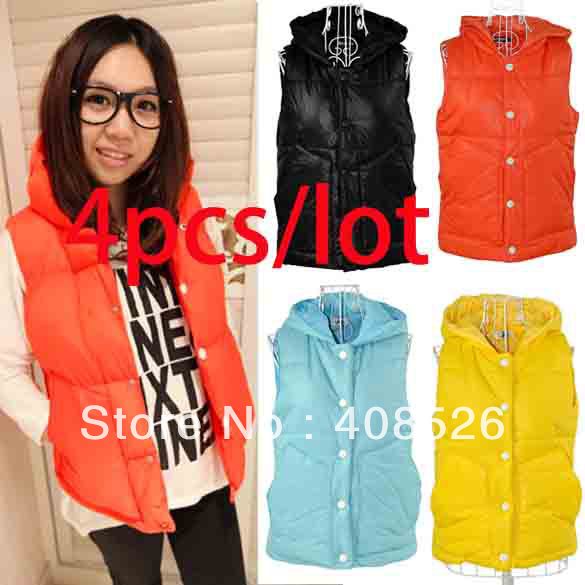 4Pcs/lot 2013 Winter women's Hooded vest Women waistcoat, Eiderdown-padded hoodie vest coat 4 colors free shipping 9094