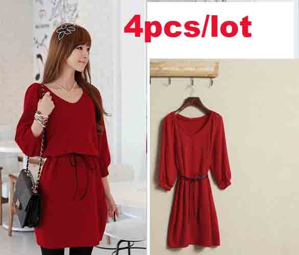 4pcs/lot Casual Cotton wool New Korea Fashion Women V-neck Knitted Long Sleeve Dress with Belt Red free shipping 8753