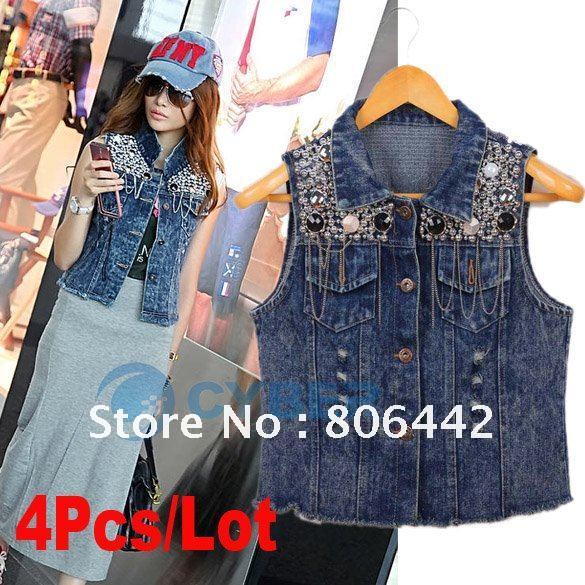 4Pcs/Lot Fashion Cowboy Womens Sequins Beading Denim Waist-length Outerwear Jean Vest Sleeveless Jacket Blue Free Shipping