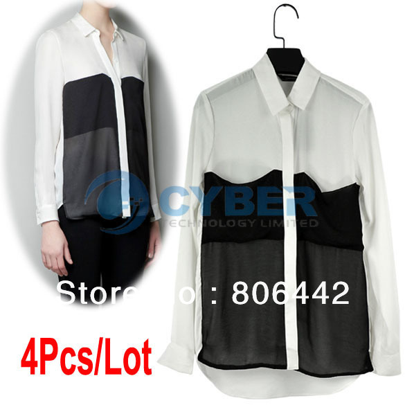 4Pcs/Lot Fashion Women's Black White Splicing Blouse Double Pocket Chiffon Shirt Tops 3Sizes Free Shipping 11106