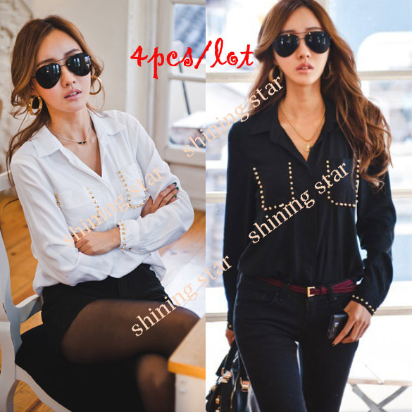 4pcs/lot fashion women's shirt Long Sleeve Turn-down Collar Rivet Blouse Hot Sale S11065