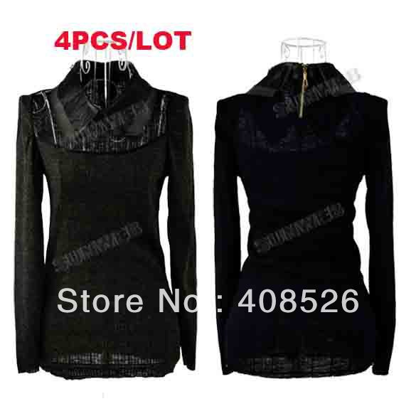 4Pcs/lot Free shipping Casual Women's Long puff Sleeve Synthetic Leather Collar Knitting Lace Shirt Tops Blouse Black Gray 9238