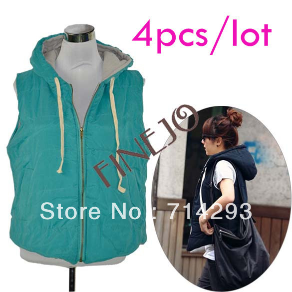 4pcs/lot Free shipping Fashion Women's Zipper Hooded Cotton Vest Outwear 3colors 2sizes 8221