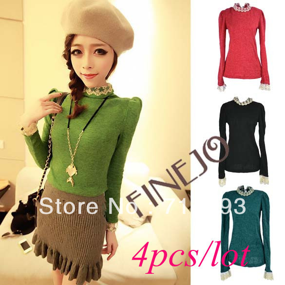 4pcs/lot Free shipping Korea Women's Lace Stand Collar Slim Fit Puff Long Sleeves Knit Sweater Tops 9420