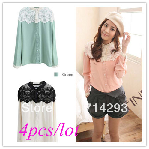 4pcs/lot free shipping Women's Vintage Lace Collar +Long Sleeve+ Loose Chiffon Blouse 3Colors 11163