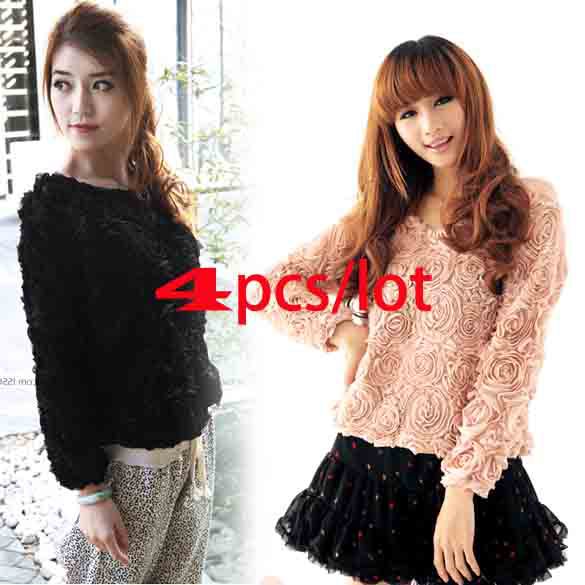 4Pcs/lot Lady 3D Lace Rose Flower Pullover Chiffon blouse lady Shirt Tops Loose T-shirts Blouse Lace sweater 7408