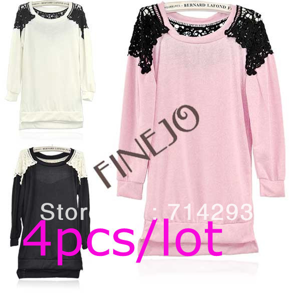 4PCS/LOT New Hot Korean Women OL Lace Sweet Long Sleeve Sweater Top 3Colors Free shipping 8214