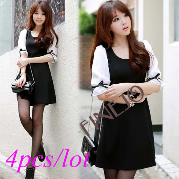 4pcs/lot New Sexy Korean Women's Chiffon Half Sleeve Round Neck Sweet Mini Dress Free shipping  9848