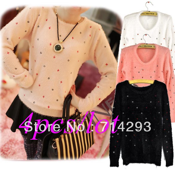 4PCS/LOT New Women's Long Sleeve O-Neck Loose Embroidery Plush Fluffy Sweater Free shipping 9353