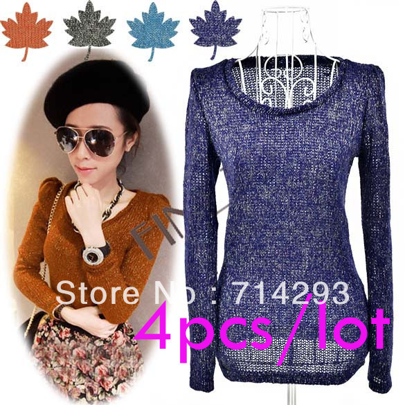 4pcs/lot Women's Fashion Bling Slim Fit Long Sleeve Crewneck Backing knitted Sweater Dress 4Colors Free shipping 9271