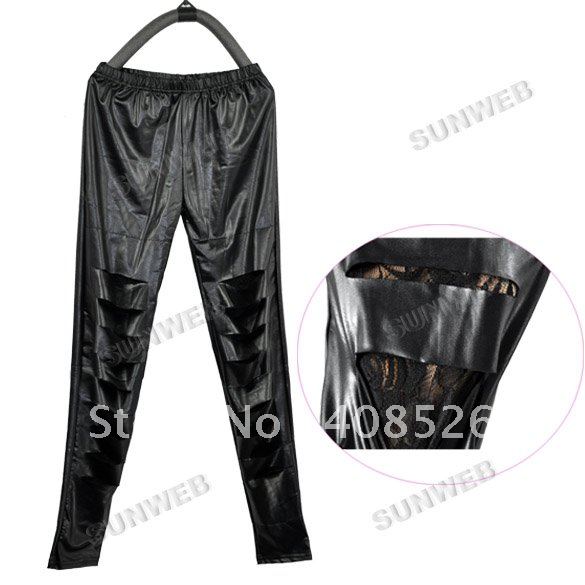 4PCS/LOT Women's Sexy Leggings Fashion Black Leather Look Lace Skiny Tight Pants Free Shipping 6003