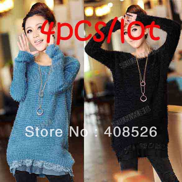 4Pcs/lot Women's Sweet Lace Detail Hem Long Sleeve Knitted Sweater Top 4 Colors free shipping 9102