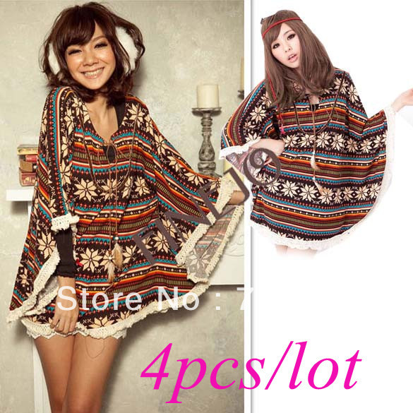 4pcs/lot Women's Vintage Snowflakes Prints Tassels Hem Style Cloak Poncho Sweater Cape Coat Outerwear 7793