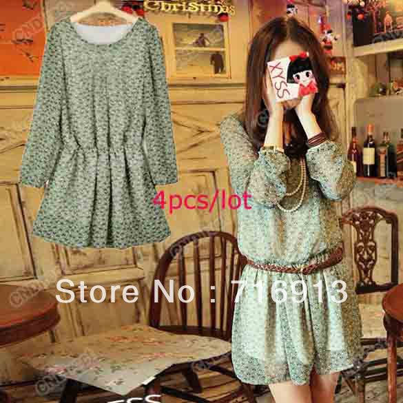 4pcs/lot2013 summer New fashion Women's Chic Crew Neck Floral Chiffon Dress Tunic Green (without belt)free shipping 2834