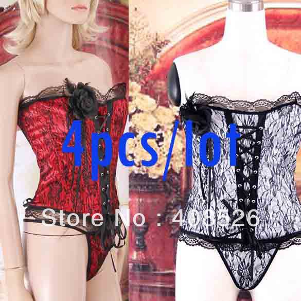 4sets/lot Sexy Corset Women Bone Black Lace Bustier Corset+G string Set Lingerie S M L XL 3191