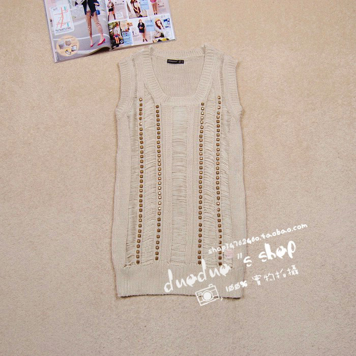 5 b05 handmade sewing rivet o-neck sleeveless medium-long yarn vest 0.4kg