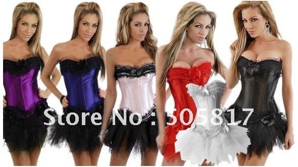 5 color Sexy satin corset dress with mini tutu skirt  2012 new lace bow knot cincher bustier red purple white black pink QM070