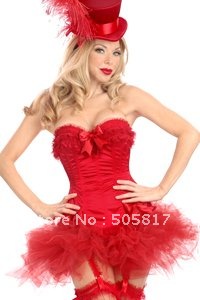 5 color Sexy satin corset + mini tutu skirt 2012 new women bow knot lift up shaper with zipper red purple white black pink QM070