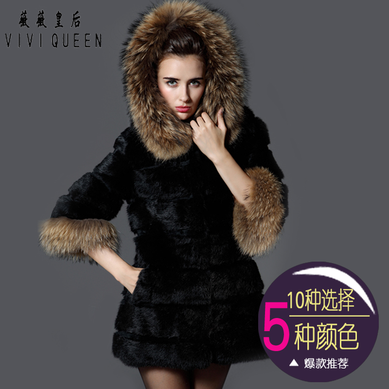 5 colors available!2012 women's raccoon hair rabbit fur coat female three quarter sleeve medium-long fur jacket free shipping