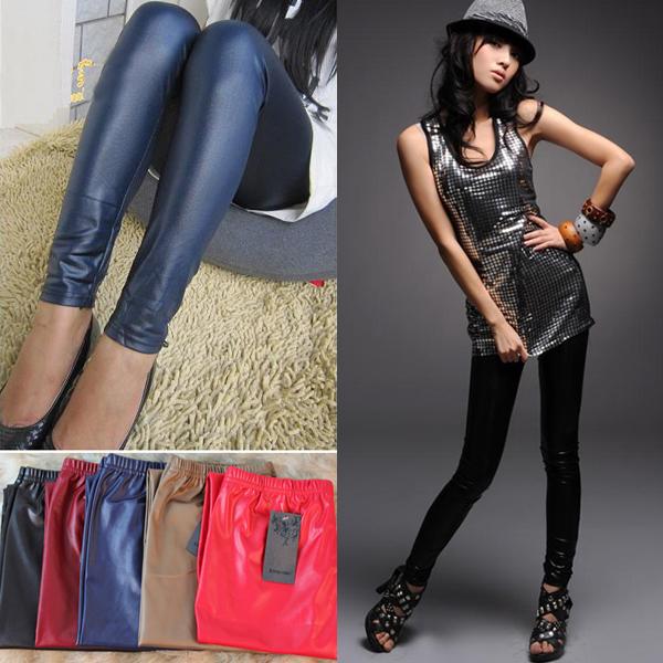 5 Colors Slim Sexy Ladies Faux Leather Look Elastic Waist Leggings Pants Tights A1566