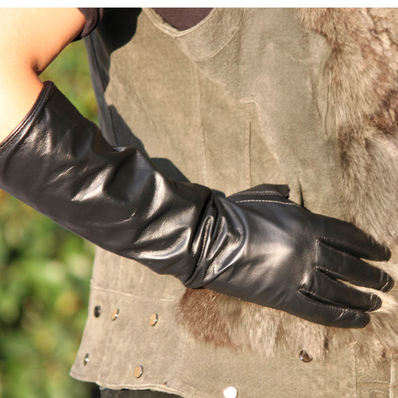 $5 off per $50 2012 new arrival fashion black Genuine leather high quality sheepskin gloves/Ultra long gloves GL1016