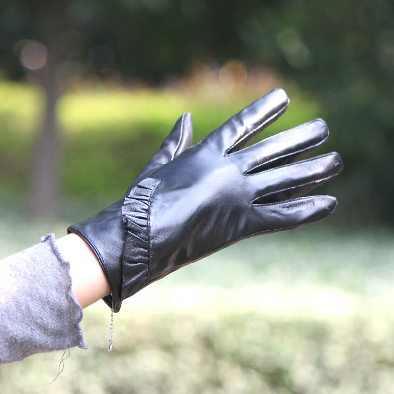 $5 off per $50 2012 Women's fashion black suede sheepskin genuine leather gloves/laciness thermal gloves GL1015