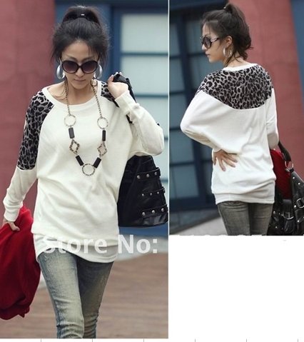 $5 OFF PER $50 free shipping Women fashion blouses long batwing sleeve round neck/korean shirt/leopard costume 8551