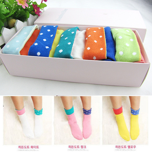 5 pairs Autumn and winter roll up hem polka dot candy color 100% cotton socks women's  sock