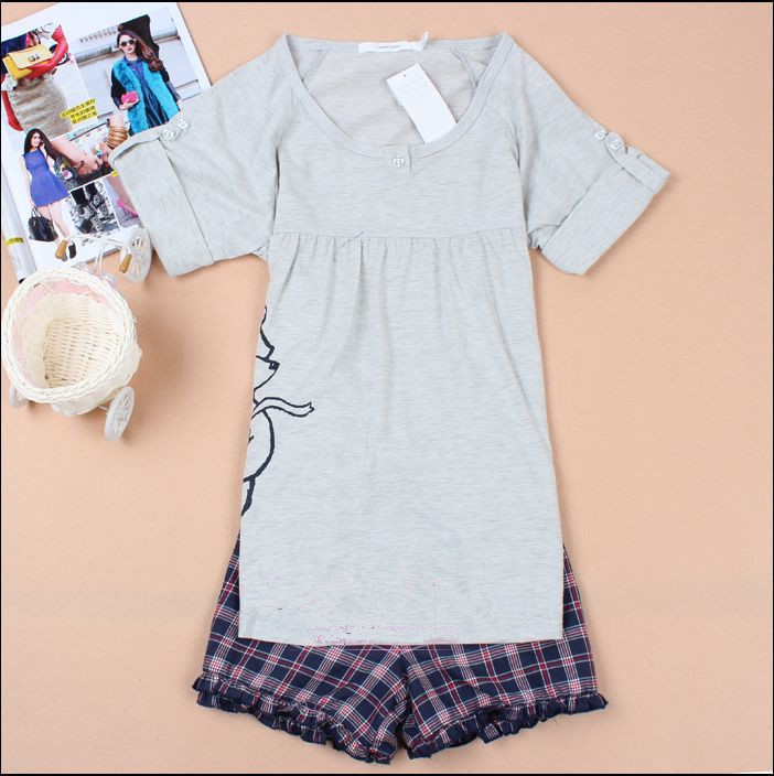 5 Women 100% cotton short-sleeve plaid shorts lounge sleepwear 2 piece set