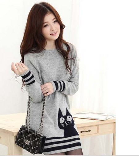 50% Discount 2012 Autumn & Winter Women's Medium-Long  Sweater Sweet Cat Knitted Patterns Dress for Ladies Free shipping #WS802