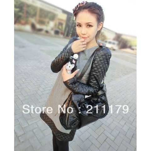 508 2012 autumn and winter woolen one-piece dress patchwork leather shoulder pads small long-sleeve one-piece dress