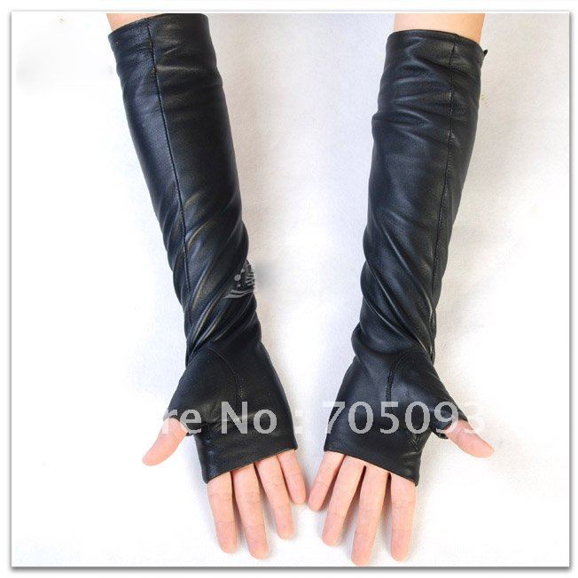 50cm long fingerless black genuine leather gloves S/M/L/XL free shipping half fingers gloves gift