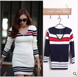 5157 gossip women's color block decoration stripe V-neck knitted long-sleeve sweater dress long design sweater