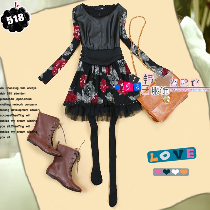 518 women's 2012 women's leather u flower patchwork personalized long-sleeve dress