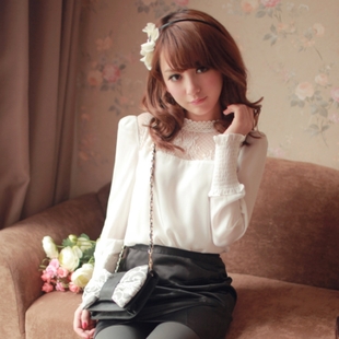 5460 2013 spring royal vintage elegant stand collar lace patchwork princess chiffon shirt